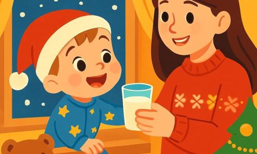 Un băiețel de 2 ani, cu obraje roz și ochi strălucitori, privește uimit pe fereastră. Poartă un pijama albastru cu stele aurii și o căciulă roșie de Crăciun. Fața lui exprimă o bucurie strălucitoare, iluminată de magia nopții de Crăciun. Lângă el, mama lui, o femeie de aproximativ 30 de ani, cu păr lung și brunet și un zâmbet cald, îi aduce un pahar de lapte. Ea poartă un pulover roșu din lână cu modele de fulgi de zăpadă. În colțul camerei, un ursuleț de pluș, cu un fundiță roșie în jurul gâtului, stă pe o pernă pufoasă, privind scena cu ochi blânzi. Camera este decorată pentru Crăciun, cu un brad mare luminat de ghirlande strălucitoare și globuri colorate. Fulgi de zăpadă cad ușor afară, creând un peisaj feeric. Băiețelul, uimit, admiră zăpada care cade și visează la cadouri, în timp ce mama lui îi zâmbește cu căldură, creând o atmosferă caldă și magică.