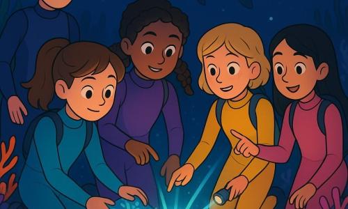 Five characters: Mira, 10, brown mid-length hair in a ponytail, curious eyes, turquoise wetsuit, on the left gently holding a small coral disk glowing blue and green; Lani, 10, curly black hair in braids, purple wetsuit, center, touching the disk with two fingers as a warm glow rises under her hand; Joy, 10, short blond hair with freckles, yellow wetsuit, on the right, reading the disk’s symbols with her small torch; Tessa, 10, straight black hair, olive skin, pink wetsuit, just behind Lani, pointing at three light beams splitting from the disk; and Aunt Nessa, ~35, short soft gray hair, calm expression, dark blue wetsuit, floating slightly back left watching over them. Setting: a nighttime underwater coral garden with saturated colors—orange, pink and purple branching corals, long green seaweed, pale sand, shimmering schools of silver fish and a dark sea turtle in the background—water dark but lit by bioluminescent points and the disk. Main scene: the children float together around the glowing coral disk on the sand, which emits three thin beams toward different reef paths; expressions show wonder and camaraderie, atmosphere soft, mysterious and safe.