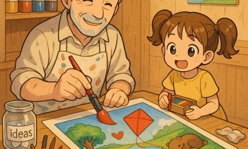 A smiling, kind Mr. Leo with salt-and-pepper hair and a paint-stained apron holds a large red brush painting on a wooden table while little joyful Mina, about six, in pigtails and a yellow dress sits beside him drawing a red kite from a box of crayons; on the table are a clear jar labeled ideas with folded papers, lined paint tubes, a water pot with brushes and a stained cloth; the cozy studio has wooden shelves, a drying canvas and a round rug; they paint a scene of a large red kite with a small heart, a green hill with a shining river, a sleeping bear under a tree, and two differently colored hands holding palms at the center — tranquil mood, vivid contrasting colors, visible paint texture.