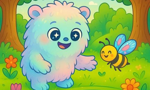 A gentle and kind monster named Thistle, with fluffy pastel-colored fur and sparkling star-like eyes, stands by a shimmering pond. He has a warm smile and a curious expression, observing his reflection in the water. Nearby, a small bee with bright, colorful wings and a joyful face flits around him, thanking him for his help. The setting is an enchanted glade, surrounded by majestic trees with thick trunks, their shiny leaves dancing in the wind, and vibrant flowers scattered across the ground. The main scene shows Thistle, in awe, saving the bee from the water, illustrating a moment of kindness and magic in the enchanted forest.