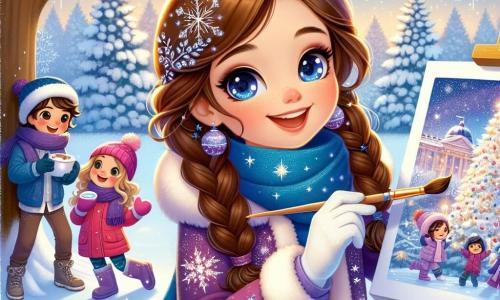 An 11-year-old girl, Lila, stands at the center of the image, her eyes shining with joy and excitement. She has long brown hair styled in two braids and wears a purple coat with silver stars, a blue scarf, and matching gloves. She is painting a canvas, capturing the magic of winter with sparkling snowflakes and snowy landscapes. Beside her, Mia, a 10-year-old girl with curly blonde hair, wears a bright red jacket. She smiles while holding a cup of hot chocolate, watching Lila with admiration. A little further away, Ethan, an 11-year-old boy with brown hair wearing a blue beanie, is making snowballs, ready to throw them while laughing. The setting is a charming winter park, with majestic snow-covered trees, twinkling lights hanging from the branches, and a clear blue sky dotted with white clouds. Snowflakes gently fall, adding a touch of magic to the scene. The main focus shows Lila, surrounded by her friends, creating a piece of art inspired by the beauty of winter, while they share laughter and joyful moments in this enchanting landscape.
