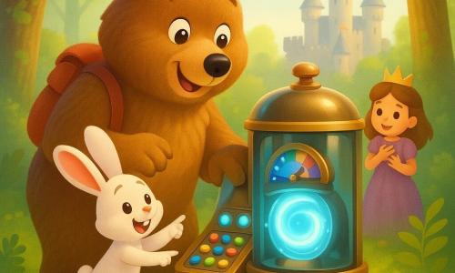 Um grande urso de pelagem castanha macia, olhos redondos e curiosos, sorrindo e levemente maravilhado, com pequena mochila vermelha, tocando suavemente uma máquina do tempo brilhante; ao lado, um coelhinho branco de orelhas rosadas, alegre e empolgado, em pontas de patas apontando para botões coloridos; atrás, uma princesinha de vestido violeta e coroa simples, com olhar benevolente, aplaudindo com a mão no peito; a máquina do tempo em latão polido e vidro fumê, mostradores coloridos, luzes azul-ciano e anel luminoso giratório; cena numa clareira ensolarada de floresta com chão de musgo, samambaias e troncos com líquen, e ao fundo um castelo medieval desfocado; ambiente de cores vivas, texturas suaves, luz quente e mágica, estilo infantil e acolhedor.
