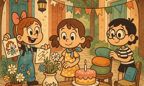 Há três personagens: Lila, 7 anos, cabelos castanhos em rabequinhos, lenço colorido no pescoço e vestido amarelo às bolinhas, no centro junto do bolo tocando delicadamente um vaso de flores rotulado 