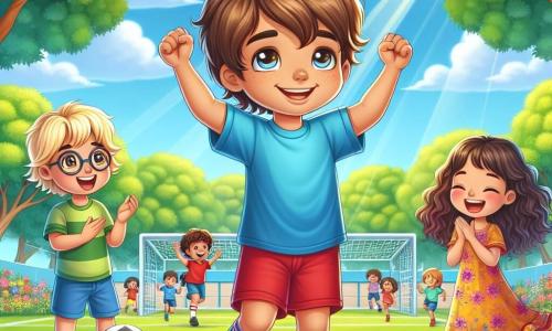 Um menino de 8 anos chamado Miguel, com cabelos castanhos bagunçados e olhos brilhantes de curiosidade, está no centro da imagem, com um sorriso radiante no rosto, levantando os braços em sinal de vitória após marcar um gol no futebol. Ele usa uma camiseta azul e um short vermelho, com tênis brancos. Ao seu lado, seus amigos, um menino de 9 anos com óculos e cabelos loiros, aplaude entusiasticamente, enquanto uma menina de 8 anos com cabelos longos e cacheados, vestindo um vestido colorido, salta de alegria. O cenário é um parque ensolarado, repleto de verde, com árvores majestosas e flores vibrantes. Ao fundo, um campo de futebol é visível, onde outras crianças brincam alegremente. A cena principal mostra Miguel, radiante de felicidade e orgulho, celebrando seu sucesso cercado por seus amigos que o incentivam, ilustrando a importância da amizade e do apoio diante dos desafios.
