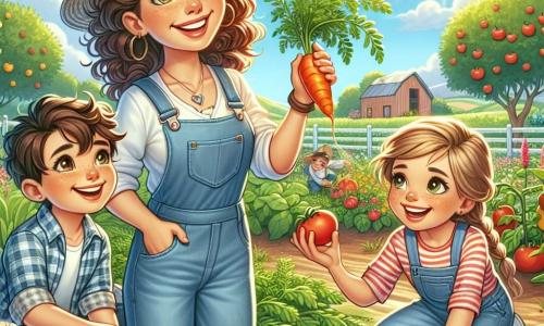 Ana, uma jovem agricultora de cabelos castanhos e cacheados, usa um macacão de denim e um chapéu de palha. Ela sorri radiante, segurando uma cenoura recém-colhida. Ao seu lado, Pedro, um menino de 8 anos com cabelo bagunçado e uma camisa xadrez, observa a cenoura com curiosidade. Sofia, uma menina de 7 anos com tranças loiras, está agachada perto dos tomates, com as mãos sujas de terra, sorrindo orgulhosamente enquanto segura um tomate vermelho. A cena acontece em uma bela fazenda ensolarada, cercada por campos verdes e flores coloridas, com um céu azul e algumas nuvens brancas. Ana e as crianças estão colhendo legumes do jardim, rindo e se divertindo juntos, celebrando o fruto do trabalho em equipe e o amor pela natureza.
