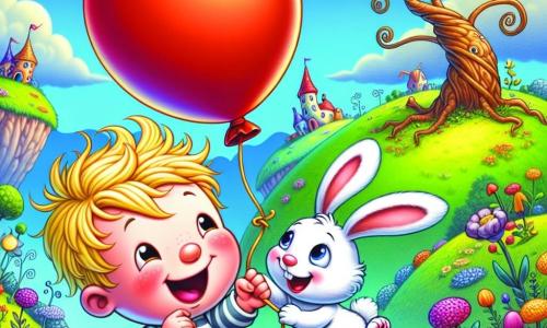 A little boy named Benny, 1 year old, with messy blonde hair and round cheeks, smiles with sparkling eyes of joy. He firmly holds a shiny red balloon that rises into the sky. Next to him is an adorable little bunny named Bella, with white fur and large ears, looking at the balloon with a curious expression. She is happily jumping, her back legs in the air, ready to help her friend. The scene takes place in the colorful landscape of Wobbleton, filled with green hills, vibrant flowers, and a blue sky dotted with fluffy clouds. In the distance, twisted trees and oddly shaped houses add a touch of magic to the environment. Benny, trying to catch his balloon as it flies away, trips and falls to the ground, but he laughs heartily, creating a joyful and playful atmosphere.