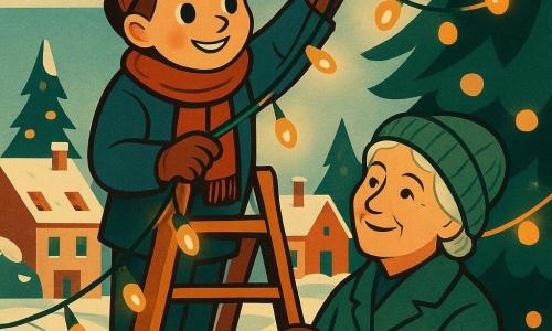 Een 8-jarige jongen, genaamd Bram, met fonkelende ogen en een vastberaden glimlach, staat op een houten ladder. Hij draagt een dikke jas en een rode sjaal, zijn handen zijn gehandschoend en hij repareert een lichtslinger. Naast hem staat een ongeveer 70-jarige vrouw, mevrouw Jansen, met grijs haar en een vriendelijke glimlach, die de basis van de ladder vasthoudt. Ze draagt een groene jas en een gebreide muts. De locatie is een besneeuwd dorpsplein, omringd door huizen met rode daken en versierde dennenbomen. De hoofdsituatie toont Bram die twee elektrische draden met tape verbindt, terwijl de lichten van de slinger zachtjes om hen heen beginnen te fonkelen.