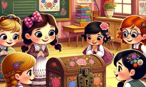En un aula colorida, cinco niñas de cinco años están alrededor de una vieja caja de madera. **Lola**, con coletas marrones y un vestido de flores, está agachada frente a la caja, sus ojos brillan de curiosidad. **Sara**, con cabello rubio y un gran lazo rosa, se inclina hacia adelante, sosteniendo un reloj en forma de corazón que trajo. **Ana**, con cabello negro y gafas redondas, observa atentamente la caja, sonriendo maravillada. **Maya**, con cabello pelirrojo y una trenza, sostiene una llave antigua, lista para usarla. **Clara**, con cabello castaño y un vestido violeta, mira a sus amigas con emoción, con las manos en las caderas. El aula está decorada con dibujos coloridos en las paredes y una gran pizarra negra llena de corazones y palabras dulces por el Día de la Madre. En el centro, la antigua caja, adornada con flores pintadas y un candado oxidado, está abierta, revelando cartas antiguas llenas de dibujos y palabras de amor. Las niñas, unidas por el entusiasmo, descubren juntas un tesoro de recuerdos, listas para crear sus propios mensajes para sus mamás.