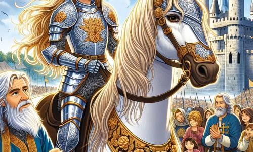 În centrul imaginii, o tânără cavaleră numită Elena, de aproximativ 12 ani, stă mândră pe calul ei alb numit Albăstria. Ea poartă o armură strălucitoare care strălucește în soare, cu detalii florale gravate. Fața ei exprimă o determinare și un curaj de neclintit, iar părul ei lung și blond flutură în vânt. Ea își ridică sabia, pregătită să își apere regatul. Lângă ea, un bătrân, bunicul ei, în vârstă de aproximativ 70 de ani, o observă cu mândrie. Are o barbă lungă și albă și poartă o tunică simplă, dar elegantă. Privirea lui este plină de admirație pentru nepoata sa, oferindu-i un semn de încurajare. În fundal, un castel măreț se înalță, cu turnuri ascuțite și steaguri fluturând în vânt. Cerul este albastru și însorit, iar o mulțime de spectatori se înghesuie în jurul arenei, plini de emoție. Scena o arată pe Elena pregătită să înfrunte un grup de conspiratori care încearcă să saboteze turneul, stând cu încredere, înconjurată de prietenii săi cavaleri, toți hotărâți să protejeze regatul.