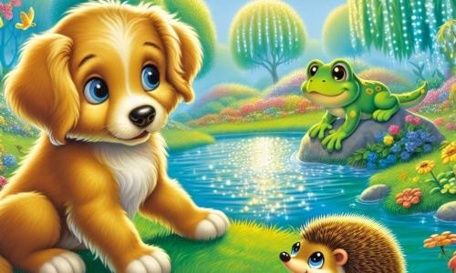 Un piccolo cane dal pelo dorato, chiamato Tobia, è seduto sull'erba verde, con occhi brillanti e un'espressione di curiosità mescolata a preoccupazione. Guarda intorno a sé, annusando l'aria con il suo musetto delicato, cercando il suo osso perduto. Accanto a lui, un piccolo riccio dal dorso spinoso, Ricciolino, si fa strada tra i fiori colorati, con un'aria determinata e occhi scintillanti. Più in là, una rana verde di nome Lilla, con macchie gialle, salta gioiosamente su una pietra al bordo di un laghetto scintillante, osservando attentamente la scena. Il luogo è un giardino incantato, pieno di fiori vivaci, alberi danzanti e un laghetto dai riflessi argentati. In questa scena, Tobia, Ricciolino e Lilla cercano insieme l'osso perduto di Tobia, uniti nella loro ricerca di amicizia e avventura.