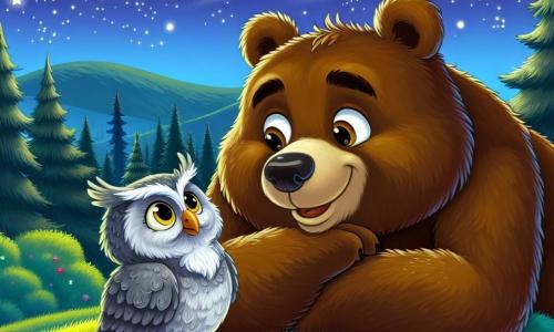 Un grande orso bruno, di nome Bruno, con un pelo morbido e occhi scintillanti di curiosità, è sdraiato sull'erba verde di una collina, guardando il cielo stellato con un sorriso meravigliato sul volto. Accanto a lui, un saggio gufo dalle piume grigie e dai grandi occhi gialli, posato su un ramo basso, osserva Bruno con benevolenza, le ali leggermente spiegate, pronto a condividere la sua saggezza. La scena si svolge in un giardino magico, dove fiori colorati danzano dolcemente sotto la brezza notturna e le stelle brillano come diamanti in un cielo profondo e stellato. La collina è circondata da alberi maestosi, le cui silhouette si stagliano contro il cielo, creando un'atmosfera pacifica e incantevole. Bruno, colmo di meraviglia, ascolta attentamente le parole del gufo, rendendosi conto che la vita è un viaggio di scoperte, mentre il gufo gli insegna l'importanza della saggezza interiore.