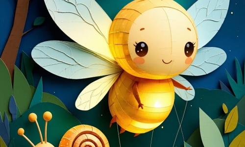 Una pequeña luciérnaga antropomorfa de cuerpo redondo y luminoso, ojos grandes y suaves, alas de papel semitranslúcidas y expresión valiente y alegre que vuela emitiendo un resplandor amarillo cálido; un caracol amigo con concha de papel gofrado y colores vivos, rostro sonriente y ojos curiosos, posado en una hoja animándola; una araña señora colgando de una rama, cuerpo en silueta de papel recortado y mirada benevolente, teje un fino hilo dorado; un río centelleante hecho de tiras de papel metalizado azul y plata con pequeñas ondas brillantes al primer plano; al fondo el Valle del Arcoíris con colinas recortadas multicolores y flores de papel de pétalos vivos, la atmósfera pasa del gris a la explosión de color en el momento en que la luciérnaga ilumina el corazón del valle, la luz estalla en rayos recortados y los colores vuelven llenando de alegría y asombro; paleta viva de amarillos cálidos, azules lechosos, verdes menta con toques de oro y plata, composición simple con formas nítidas, bordes ligeramente rasgados y textura de papel visible para un estilo táctil y lúdico.
