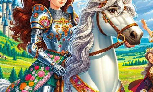 La cavaliere Sofia, una giovane donna coraggiosa di circa 20 anni, indossa un'armatura brillante decorata con motivi floreali. Il suo viso esprime determinazione e gentilezza, con lunghi capelli castani che fluttuano nel vento. È montata sul suo cavallo maestoso, Nuvola, un destrier bianco dai crini setosi, che nitrisce con entusiasmo. Accanto a lei c'è la regina, una donna di una quarantina d'anni, vestita con un abito elegante e riccamente decorato, che le fa cenno con un sorriso incoraggiante. Lo sfondo è un vasto campo verde, punteggiato di fiori colorati sotto un cielo blu splendente, con il castello sullo sfondo, le sue torri slanciate e le bandiere sventolanti. La scena principale mostra Sofia, pronta a partire per l'avventura, sollevando la sua spada scintillante verso il cielo, mentre Nuvola si impazienta, pronto a galoppare verso l'ignoto.