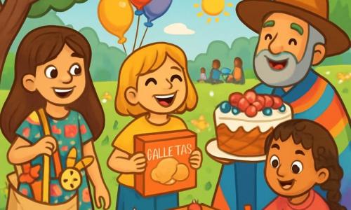 Hay 4 personajes: - Lucía: una niña de 10 años, con cabello largo y castaño y ojos brillantes. Lleva un vestido colorido con estampados florales y sostiene una bolsa de tela llena de juguetes. - Mariana: una niña de 10 años, con cabello corto y rubio, y una sonrisa radiante. Viste una camiseta amarilla y un short de mezclilla, y sostiene una gran caja de galletas. - Fátima: una niña de 10 años, con cabello rizado y una pequeña trenza. Lleva una túnica rosa y pantalones blancos, y está dibujando en un cuaderno con lápices de colores. - Señor Estrella: un hombre de mediana edad, con barba gris y un gran sombrero. Viste una capa colorida y sostiene un gran pastel decorado con frutas en sus manos. Los personajes están en un parque verde, lleno de flores coloridas y árboles majestuosos. Al fondo, se ven niños jugando y familias haciendo picnic en la hierba. El cielo es azul con algunas nubes blancas, y el sol brilla, creando un ambiente alegre y cálido. La situación principal muestra a los cuatro amigos reunidos alrededor de una gran mesa de madera, decorada con pasteles y dulces. Ríen y comparten historias, rodeados de globos coloridos y guirnaldas. La atmósfera es festiva, llena de alegría y camaradería, simbolizando el espíritu del Ramadán.