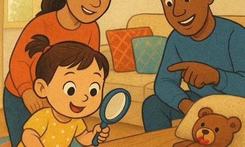 Niña de 2 años, alegre y curiosa, cabello castaño corto en coletas, ojos grandes y mejillas redondas, con vestido amarillo de lunares y una lupa de juguete junto a un plato blanco vacío; madre (unos 30) sonriente, con el pelo largo recogido, de pie detrás de la mesa mostrando migas en la bandeja mientras mira a la niña; padre (unos 32) sentado en el sofá señalando un osito de peluche con mancha roja de mermelada en la boca; el osito marrón medio escondido bajo un cojín junto a dos mitades de una galleta estrella rota; salón luminoso con mesa de madera clara, migas por la mesa, alfombra colorida y cojines de estampado, luz suave de final de la tarde por la ventana; la niña sigue un rastro de migas con la lupa y descubre el osito manchado y la galleta rota, ambiente cálido y colores cálidos.