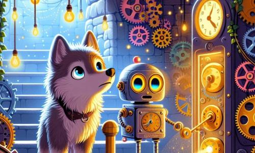 Un piccolo lupo di nome Lupoletto, con un morbido pelo grigio e occhi scintillanti di curiosità, si trova davanti a una misteriosa macchina del tempo. Sembra meravigliato e un po' preoccupato, con le sue piccole zampe anteriori poggiate sulla grande leva dorata della macchina. Accanto a lui, un robot amichevole di nome Roby, con un corpo lucente e luci lampeggianti, sorride e lo incoraggia, i suoi occhi luminosi esprimono gioia ed eccitazione. La scena si svolge in una stanza segreta, piena di ingranaggi colorati e luci scintillanti, con muri in pietra antica ricoperti di edera. Lupoletto, pronto a tirare la leva, sta per scatenare un'avventura incredibile nel tempo, mentre Roby lo osserva con impazienza, ansioso di vedere dove andranno dopo.