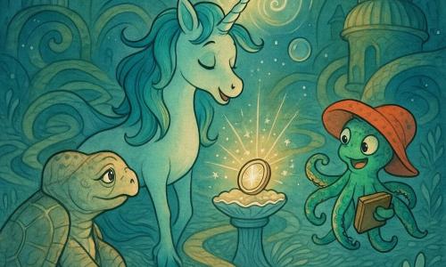 The heroine is a marine unicorn named Lyria with a gentle face, large curious eyes, a floating mane of pearly green and sapphire blue and a silver spiral horn casting an iridescent halo; she is moved and confident, softly singing as she gazes at a glowing medallion. Pip, a juvenile octopus wearing an oversized coral hat with tentacles spotted emerald, holds a worn notebook and swims beside Lyria, enthusiastic and encouraging. Elder Mira, an old sea turtle with a wrinkled, nacre-patterned shell and calm, wise eyes, rests near a shell pedestal, watching kindly. They are in the Hall of Whispers, a maze of translucent bubbles and spiraled coral paths with giant shell towers and golden light filtering through water over a floor of silvered algae. Lyria and Pip have reached the maze center where the medallion sits on a shell pedestal; Lyria’s horn sends out swirls of light that make the bubbles gleam and the medallion begins to split, scattering pearly sparks.