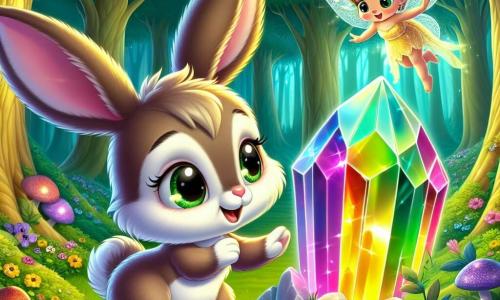 Ein kleiner Hase mit großen Ohren und weichem Fell, dessen Augen vor Neugier funkeln, steht am Rand eines wunderschönen Lichts und ist von der Schönheit eines strahlenden Kristalls fasziniert, der leuchtende Farben ausstrahlt. Er wirkt sowohl aufgeregt als auch ein wenig nervös, bereit, das Herz des Waldes zu berühren. Neben ihm schwebt eine kleine Fee mit glitzernden Flügeln und goldenem Haar, die freundlich lächelt, stolz auf den Mut des Hasen. Sie trägt ein Kleid aus Blütenblättern, was der Szene einen Hauch von Magie verleiht. Im Hintergrund erstreckt sich ein verzauberter Wald mit majestätischen Bäumen und leuchtend grünen Blättern, während leuchtende Blumen und bunte Pilze den Boden bedecken und eine märchenhafte Atmosphäre schaffen. Die Hauptsituation zeigt den kleinen Hasen, der zögerlich, aber entschlossen ist, den magischen Kristall zu berühren, was seinen Mut und seinen Wunsch nach Abenteuer symbolisiert, während die Fee ihn mit einem warmen Lächeln ermutigt und den Moment mit sanfter Magie erhellt.