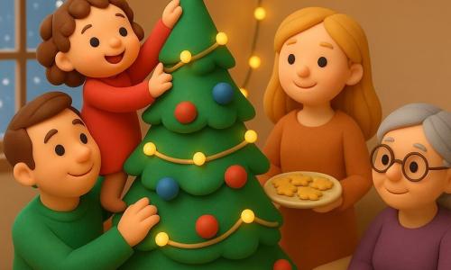 Ein kleines Mädchen von 2 Jahren mit braunen Locken und einem strahlenden Lächeln, gekleidet in ein rotes Kleid, platziert einen glänzenden Stern auf die Spitze eines großen Weihnachtsbaums. Ein etwa 35-jähriger Mann mit kurzen braunen Haaren, lächelnd und in einem grünen Pullover gekleidet, hält das kleine Mädchen, um ihr zu helfen, die Baumspitze zu erreichen. Eine etwa 33-jährige Frau mit langen blonden Haaren und einem sanften Lächeln steht neben dem Baum und hält ein Tablett mit goldenen Keksen. Eine etwa 70-jährige Dame mit grauen Haaren und runden Brillen sitzt auf einem Sofa und schaut die Szene liebevoll an. Das Wohnzimmer ist warm dekoriert mit funkelnden Lichterketten und bunten Weihnachtskugeln am Baum. Die Hauptszene zeigt eine fröhliche und festliche Stimmung, mit Schneeflocken, die durch das Fenster sichtbar sind und eine magische und einladende Weihnachtsatmosphäre schaffen.