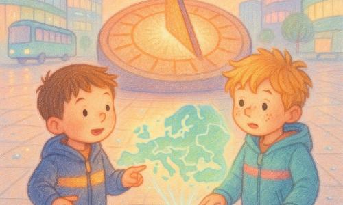 Twee jongens van ongeveer 5 jaar: Milo, bruin kort haar, rond gezicht, links, draagt een nachtblauwe jas met geel-oranje lichtstrepen, wijst naar een grote, pulserende zonnewijzer; Sem, blond warrig haar, sproeten, rechts, draagt een watergroene jas met roze lichtstrepen, houdt Milo's hand en kijkt naar een holografische kaart die boven een drukgevoelige plaat zweeft; locatie: de Zonneklok, een glad geplaveid plein met een ronde reusachtige klok die warm oranje-wit ademt, omringd door gebogen glazen gebouwen met pastelkleurige neon, wielenloze bussen en drijvende platformen, fonkelende regendruppels weerspiegelen licht; sfeer: rustige futuristische scène in warme pasteltinten, gecentreerde compositie op klok en kaart, getekend met zachte kleurpotloodtextuur en kinderlijke lijnen.