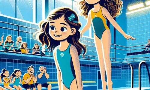 Una ragazza di 12 anni, Sofia, con lunghi capelli castani, indossa un costume da bagno blu. Ha un grande sorriso sul viso, che mostra la sua determinazione e il suo entusiasmo mentre si prepara a tuffarsi in una piscina. Accanto a lei, la sua migliore amica Emma, anch'essa di 12 anni, ha capelli ricci e indossa un costume da bagno giallo brillante. La incoraggia con un sorriso caloroso, pronta a tuffarsi al suo fianco. La scena si svolge in una piscina coperta, con pareti piastrellate di blu e luci brillanti che illuminano l'acqua cristallina. Gli spettatori sono seduti sugli spalti, applaudendo e incoraggiando le giovani nuotatrici. Sofia ed Emma sono sul bordo del trampolino, pronte a saltare insieme in acqua, illustrando un momento di coraggio e amicizia prima della loro grande competizione di nuoto.