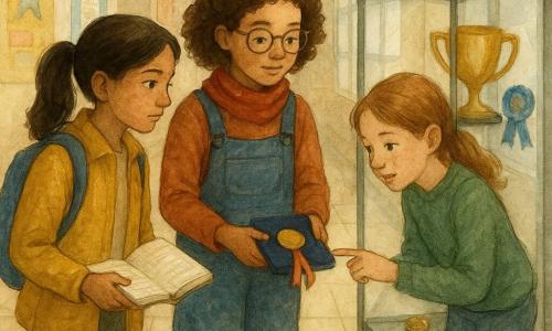 Three girls, about 11: a light-brown-skinned girl with black pigtails wearing a mustard-yellow jacket and blue backpack holding an open notebook and looking at the glass display to her right; a freckled girl with light-brown hair in a ponytail wearing a green sweater and rubber boots leaning left and pointing at a small water mark on the inner edge of the display; a curly brown-haired girl with round glasses in denim overalls and a red scarf holding a navy velvet pouch at the center, ready to return the medal. Setting: bright school corridor with shiny beige tiled floor, an open glass display case with trophies and ribbons, colorful school posters on the wall, soft shadows from large right-hand windows and visible dust motes. Main scene: the three young detectives solemnly and peacefully returning the kindness medal into the open display, focused and relieved expressions, composition centered on the display and the hands placing the medal, soft watercolor texture with visible granulation and a muted palette of mustard yellow, sage green, denim blue and brick red.