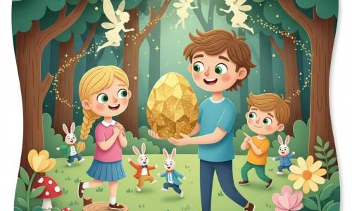 A 10-year-old boy, Max, smiling and amazed with curly brown hair and bright green eyes, delicately holds a large glittering golden egg floating above his palms; a 10-year-old girl, Lily, blond in a braid with a joyful, curious face, stands to Max's left on a small stump with hands clasped watching the egg; a younger boy, Timmy, about 6, light brown hair, shy yet proud, points at the egg from the right slightly behind Max; three small glowing fairies with delicate silhouettes and translucent wings circle them leaving trails of golden sparkles; in the background, a group of anthropomorphic rabbits in colorful suits and bow ties dance on a grassy clearing; the setting is an enchanted forest clearing with emerald paper-cut leaves, oversized pastel flowers, red mushrooms with white spots, and golden sunbeams filtering through branches; the scene portrays the magical discovery of a floating egg releasing fairies in a festive, warm atmosphere with vivid colors, strong contrasts, layered paper textures, soft shadows and clear outlines.