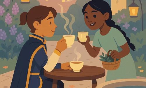 A young prince (about 14) with a serene smile, short tied brown hair and a midnight-blue cloak trimmed in gold, sits at a small wooden table holding a steaming cup of herbal tea with a gentle, attentive posture; to his right, Mira (about 13) with a mischievous yet tender expression, black braided hair and a simple mint-green dress, leans toward him holding a small basket of herbs and raising her own cup; to the left, a singing mirror-fountain — round stone basin with clear, silver-reflecting water and gentle ripples — emits luminous waves and stylized musical notes; around them a palace garden with a light paved path, blooming lilac bushes, warm yellow hanging lanterns and scattered petals forming a decorative trail; the scene is an intimate, peaceful moment after an adventure at dusk, warm pastel colors with golden accents, clear silhouettes and clean contours.