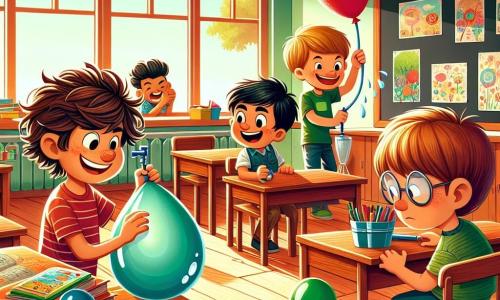 Em uma sala de aula colorida, quatro meninos de 9 anos se preparam para fazer uma travessura. Pedro, com cabelo castanho bagunçado e um sorriso travesso, está enchendo um balão d'água perto da mesa do professor. Miguel, de cabelo loiro e usando óculos, ri segurando um balão gigante, sentado ao lado de Pedro. João, com cabelo preto e um boné vermelho, está agachado atrás de uma mesa, pronto para esconder os balões sob a cadeira do professor. Lucas, com cabelo castanho e camiseta verde, observa com uma expressão preocupada, perto da porta, pronto para sair se necessário. A sala é decorada com desenhos coloridos nas paredes, com mesas de madeira e um quadro negro na frente. A luz do sol entra pelas janelas, iluminando a atmosfera alegre e animada. A cena principal mostra os meninos se preparando para a travessura, com expressões excitadas, enquanto o professor, que ainda não chegou, está prestes a ser surpreendido pelos balões d'água que vão estourar.