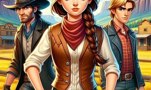 Clara McBride, eine etwa 20-jährige Cowgirl, steht im Mittelpunkt des Bildes. Sie hat lange braune Haare, die zu einem Zopf geflochten sind, trägt einen Cowboyhut und eine Lederweste, und ihr Gesicht zeigt entschlossenen Mut. Sie schwingt ein Lasso und ist bereit, ihre Stadt zu verteidigen. Neben ihr beobachtet Jack, ein mysteriöser Mann von etwa 30 Jahren mit einem breiten schwarzen Hut und einem Drei-Tage-Bart, aufmerksam den Horizont. Er trägt ein kariertes Hemd und Jeans und steht leicht im Hintergrund, bereit einzugreifen. Im Hintergrund steht Tom, ein etwa 25-jähriger junger Mann mit zerzausten blonden Haaren und besorgtem Blick, der Clara gegenübersteht. Er trägt eine abgewetzte Jacke und wirkt zögerlich, als würde er mit seinen Entscheidungen kämpfen. Die Szenerie zeigt eine goldene Prärie unter einem strahlend blauen Himmel, mit majestätischen Bergen am Horizont. In der Ferne ist die Stadt Silver Creek mit Holzbauten und einer spürbaren Spannung zu sehen. Die Hauptsituation zeigt Clara und ihre Begleiter, die sich darauf vorbereiten, ihre Stadt gegen eine heranreitende Bande von Banditen zu verteidigen, was eine Atmosphäre von Abenteuer und Mut schafft.