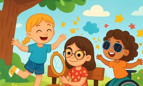 Er zijn 3 personages: - Noor: een 8-jarig meisje met bruin haar en ronde bril. Ze draagt een rode jurk met witte stippen en zit op een bank onder een grote eik, met een grote gouden spiegel. - Jade: een 8-jarig meisje met blonde vlechten en een stralende glimlach. Ze draagt een blauwe t-shirt en een spijkerbroek, en staat naast Noor terwijl ze een blije dansbeweging maakt. - Lisa: een 8-jarig meisje met krullend kastanjebruin haar en kleurrijke zonnebril. Ze zit in haar mooie rolstoel versierd met bloemen, draait om de bank met sterren en felle kleuren om haar heen. De locatie is een zonnig park vol weelderig groen. Grote bomen met groene bladeren dansen in de wind, en kleurrijke bloemen bedekken de grond. Een heldere blauwe lucht is bezaaid met donzige witte wolken. De belangrijkste situatie toont de drie vriendinnen die een blije dans creëren, omringd door kleine sterren en kleurrijke wolken. Noor ontdekt emoties met haar magische spiegel, terwijl Jade en Lisa om haar heen dansen, de lucht vulend met lachen en geluk.