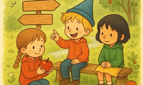 Ein sonniger Waldlichtung: ein etwa 6-jähriges Mädchen, lächelnd aber konzentriert, hellbraune Zöpfe, rote Kapuzenjacke, sitzt mittig auf einer abgenutzten Holzbank, hält einen glänzend roten Apfel und betrachtet ein kleines Holzschild; links ein etwa 6-jähriger Junge (Max) mit zerzaustem blondem Haar und blauem Zipfelhut, lacht, zeigt auf einen Pfad und hebt seinen nassen Hut vom Bankrand; rechts ein etwa 6-jähriges Mädchen (Mia) mit kurzen schwarzen Haaren und grüner Jacke, schüchtern neugierig, sitzt mit gefalteten Händen und schaut einem entfernten Eichhörnchen nach. Grüne Wiese mit Wildblumen, ein silberner Bach im Hintergrund, bunte Steine als funkelnder Weg, Brombeerbüsche mit roten Beeren und dichte Blätter, goldenes Morgenlicht, warme Atmosphäre, leuchtende Farben, weiche Texturen, illustrativer Kindheitsstil mit runden Linien und kleinen Doodle-Elementen (Wölkchen, Sterne, Pfeile).
