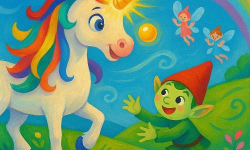 Luna, una unicornio hembra de pelaje blanco nacarado, crin arcoíris y un cuerno dorado brillante, mira una pequeña esfera dorada que flota ante su hocico; el duendecillo Tito, niño de unos seis años de piel verde pálida y gorro rojo, se está incorporando tras tropezar con una piedra y extiende las manos hacia la esfera; detrás a la derecha, varias pequeñas hadas femeninas brillantes con alas translúcidas azul y rosa aplauden sonriendo, mientras una colina risueña de hierba verde y flores multicolores gira bajo un cielo azul con un arcoíris suave, mostrando el instante mágico en que el cuerno ilumina la esfera en el cómico tropiezo de Tito, en una escena cálida, colorida y llena de movimiento.