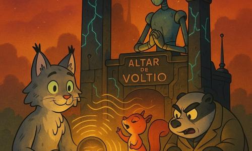 Nilo, un lince antropomórfico de pelaje gris y ojos verdes, mira concentrado y benévolo hacia el altar sosteniendo en las rodillas un instrumento redondo de vidrio oscuro, el Respirómetro; Brina, una pequeña ardilla rojiza y vivaz, sonríe curiosa en el borde del altar con una pata levantada; el Maestro Diodo, un robot alto de metal plateado con ojos amarillos, permanece detrás del altar con expresión serena y protectora; Cárdeno, un tejón rechoncho con abrigo de bolsillos, está agazapado junto a Nilo, listo para intervenir. Están en un gran Altar de Voltio: columnas de piedra negra con vetas turquesa luminosa, antenas y placas grabadas, y un círculo de tierra donde se han reunido animales y robots; todos cantan el “coro” para calmar una bruma rojiza en el horizonte mientras la luz dorada del Respirómetro pulsa y ondas visibles se proyectan hacia la niebla, devolviendo estabilidad a la mirada de los robots. Estilo: colores cálidos y saturados, líneas nítidas y formas redondeadas, texturas de metal y pelaje, iluminación dramática pero acogedora, composición centrada en el altar y el grupo.