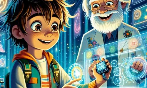 Um garoto de 8 anos, Leo, com cabelos castanhos bagunçados e olhos brilhantes de curiosidade, está no centro da cena, segurando um pequeno dispositivo prateado chamado Explorador Estelar. Ele tem um grande sorriso no rosto, transbordando de excitação e admiração. Ao lado dele, o famoso inventor, Senhor Brilho, um homem idoso com cabelos brancos e uma longa barba bem cuidada, usa um jaleco colorido. Ele observa Leo com benevolência, um sorriso caloroso nos lábios, enquanto aponta para um painel luminoso que explica o funcionamento da tecnologia. O cenário é o Laboratório da Cidade de Lumínia, um espaço futurista com paredes cintilantes que mudam de cor, repleto de telas holográficas e invenções flutuantes. Luzes brilhantes e máquinas zumbidoras criam uma atmosfera mágica e dinâmica. A situação principal mostra Leo, maravilhado, pronto para pressionar o botão do seu Explorador Estelar, enquanto o Senhor Brilho o encoraja a começar sua missão de exploração pela cidade futurista.