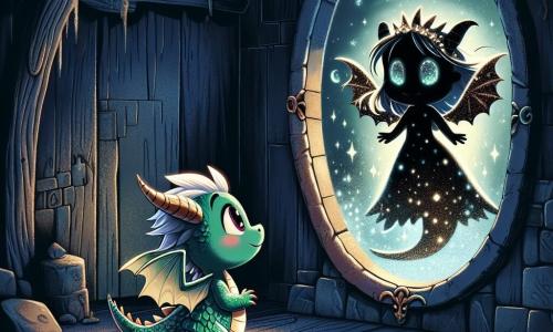 Ein kleiner Drache namens Flamm, mit glänzenden smaragdgrünen Schuppen und funkelnden rubinroten Augen, steht mutig vor einem alten Spiegel in einer dunklen, geheimnisvollen Hütte. Sein Gesicht drückt Entschlossenheit und Besorgnis aus, während er sich darauf vorbereitet, in den Spiegel zu tauchen, um sich seinen Ängsten zu stellen. Im Hintergrund schwebt eine ätherische Gestalt, Luna, die Hüterin der Geheimnisse, halb Licht, halb Schatten, mit schimmernden Flügeln und leuchtenden Augen wie Sterne, die Flamm ermutigend anlächelt und bereit ist, ihn auf seinem Abenteuer zu führen. Die Hütte ist von alten Holzwänden umgeben, die mit Moos und seltsamen Symbolen bedeckt sind. Das geheimnisvolle Licht des Spiegels wirft tanzende Schatten auf den Boden und schafft eine sowohl faszinierende als auch leicht beunruhigende Atmosphäre. Flamm steht entschlossen vor dem Spiegel, bereit, in eine Welt voller Abenteuer und Geheimnisse einzutauchen, um seine Ängste zu überwinden und die verborgene Wahrheit hinter dem Licht des Spiegels zu entdecken.