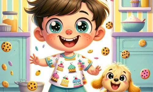 Un niño de 3 años, Tomás, con grandes ojos brillantes y cabello castaño desordenado, está en el centro de la imagen. Lleva una camiseta colorida con dibujos de pasteles y un short azul. Su rostro expresa una alegría desbordante y un toque de travesura mientras intenta atrapar galletas voladoras que flotan a su alrededor, riendo a carcajadas. A su lado, su perro, Rayo, un pequeño perro de pelaje dorado y orejas caídas, corre con una gran sonrisa, con una galleta pegada a su nariz. La escena tiene lugar en una cocina soleada, con paredes pintadas de amarillo pastel y ingredientes esparcidos por la encimera: harina, azúcar y colorantes, mientras el horno está abierto, dejando escapar galletas coloridas que saltan alegremente. Tomás ríe y corre tras las galletas que vuelan, creando una atmósfera de fiesta y magia, donde la imaginación y el placer se encuentran en un alegre desorden.