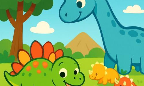 Een kleine stegosaurus genaamd Stego, met een groene huid en kleurrijke platen op zijn rug, staat vrolijk onder een grote boom. Zijn ogen stralen van opwinding en hij glimlacht, zijn kleine tanden zichtbaar. Dichtbij leunt een grote diplodocus met een lange nek, met lichtblauwe schubben, vriendelijk naar hem te kijken. Een groep triceratops met majestueuze hoorns speelt in het gras, hun levendige kleuren voegen vreugde toe aan de scène. Op de achtergrond tekenen zich zachte bergen af onder een stralende blauwe lucht, bezaaid met donzige witte wolken. Stego, met een nieuwsgierige blik, zoekt zijn weg naar huis, omringd door zijn dinosaurussen vrienden in dit weelderige en zonnige prehistorische landschap.