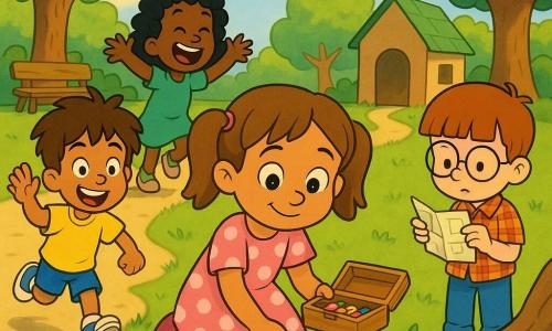 Bambina di 6 anni dal sorriso timido e occhi brillanti, capelli castano chiaro in due codine, vestito rosa a pois, tiene una piccola scatola di legno aperta con sassolini colorati e posa delicatamente un sassolino rosa vicino a una biglia blu su una radice; a sinistra Leo, 6 anni, capelli castani spettinati, maglietta gialla, corre al gruppo alzando una mano; dietro vicino a una panchina Maia, 6 anni, capelli neri ricci, vestito verde, salta ridendo sulle punte; a destra Tom, 6 anni, capelli lisci e occhiali tondi, camicia a quadri, legge seriamente una piccola carta piegata; luogo: parco soleggiato con prato verde, sentiero di terra, alberi dalle foglie tonde e bandierine colorate tra due tronchi, una casetta di cartone sullo sfondo; atmosfera vivace, colori saturi, linee morbide in stile cartone animato anni ’90.