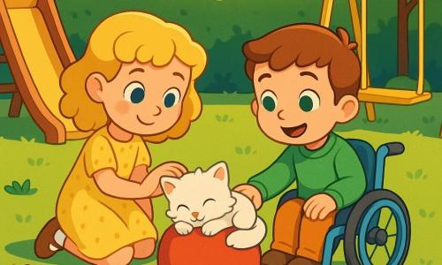 Tres personajes: Ana, niña de 7 años, pelo rubio rizado, ojos azul cielo, vestido amarillo con lunares, arrodillada a la izquierda de la pelota roja, con la mano extendida hacia el gatito; Leo, niño de 7 años, pelo castaño corto, suéter verde, sentado en una pequeña silla de ruedas azul a la derecha de la pelota, sonriendo y con la mano cerca de la pelota; el gatito, pequeño gato blanco de ojos azules y pelaje esponjoso, dormido acurrucado sobre la pelota roja en el centro. Lugar: parque soleado con césped verde, un seto recortado al fondo, flores (tulipanes rojos y margaritas blancas), tobogán de madera a la izquierda y columpio metálico amarillo a la derecha, luz suave de la tarde. Situación: escena tranquila y tierna, colores vivos, Ana y Leo esperan y sonríen mientras el gatito duerme en la pelota.