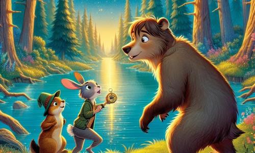 Un giovane orso bruno di nome Tobia, con grandi occhi curiosi e un pelo morbido, si trova in riva a un lago incantato, con un sorriso meravigliato sul volto. Tiene una bussola brillante tra le zampe, osservando la luce dorata che si riflette sull'acqua. Accanto a lui, una lepre agile di nome Lina, con pelo beige e lunghe orecchie, salta gioiosamente, i suoi occhi brillano di eccitazione mentre indica il lago, come se avesse scoperto un tesoro nascosto. Un castoro robusto di nome Arlo, con pelo marrone e denti sporgenti, è leggermente in disparte, con le zampe incrociate sul petto, mostrando un'espressione di orgoglio per aver aiutato a costruire un ponte. Il paesaggio è una foresta magica, con alberi giganti dai tronchi nodosi, fiori colorati che danzano al vento e un cielo blu profondo punteggiato di stelle scintillanti, anche in pieno giorno. La scena rappresenta Tobia, Lina e Arlo che scoprono insieme il cuore di Eldoria, un momento di gioia e amicizia, mentre si preparano a tuffarsi in una nuova avventura.