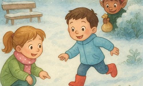 Ci sono tre personaggi: un bambino di 6 anni, Marco, capelli castani corti, guance rosate, cappotto azzurro e stivali di gomma rossi, corre verso destra indicando un sacchetto di biscotti a terra; una bambina di 6 anni, Giulia, capelli castano chiaro raccolti, sciarpa rosa a pois e cappotto verde pistacchio, è accovacciata a sinistra di Marco sorridendo e indicando una scia di piccoli cristalli di zucchero nella neve; il Folletto Birichino, alto circa 30 cm, con cappello rosso a punta e mantello verde scuro, occhi vivaci, si nasconde parzialmente dietro un cespuglio innevato reggendo un piccolo sacchetto di biscotti. Ambientazione: giardino di quartiere in inverno con sottile neve e cespugli leggermente ghiacciati, panchina con campanellino dorato e case illuminate sullo sfondo. Situazione: i bambini seguono la traccia di zucchero che conduce al sacchetto di biscotti vicino al cespuglio mentre il folletto li osserva birichino.