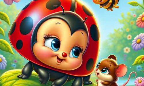 A little ladybug named Lila, with a bright red shell dotted with shiny black spots, stands proudly on a green leaf, her face radiating determination and joy. Her wings are slightly open, ready to take flight. Next to her, a small mouse named Millie, with soft brown fur and sparkling eyes, looks at Lila with admiration, her tiny paws resting on the ground, ready to cheer her on. In the background, a buzzing sound is heard as Benny the bumblebee, with his striped yellow body and translucent wings, flies around them, displaying an enthusiastic smile. The scene takes place in a sunny clearing of the enchanted forest of Whimsy Woods, where colorful flowers dance in the breeze and the sky is a bright blue, dotted with fluffy clouds. In the center of this illustration, Lila helps Millie, who is stuck under a twig, while Benny watches them impatiently, ready to support them in this adventure.