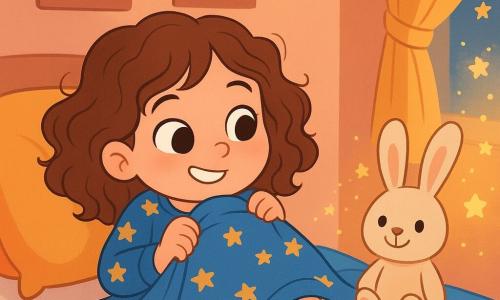 Una bambina di 4 anni, con grandi occhi scintillanti e capelli ricci, indossa un pigiama blu con stelle dorate. È sdraiata sul letto, con un sorriso furbo sul volto, mentre nasconde il piede sotto le coperte per sfuggire al sonno. Accanto a lei, un adorabile coniglietto di peluche, con lunghe orecchie morbide e un viso sorridente, sembra pronto a giocare. La stanza è accogliente, decorata con pareti pastello, poster di nuvole e lune brillanti. Sul letto, cuscini colorati sono sparsi, e una dolce luce dorata filtra attraverso le tende. La bambina finge di essere un sasso, ma non riesce a trattenere le risate mentre cerca di restare sveglia, mentre il sonno, rappresentato da una nuvola di piccole stelle scintillanti, si avvicina dolcemente a lei.