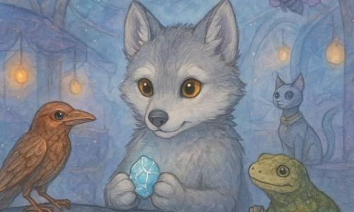 Een klein antropomorf welpenwolfje met zachte zilveren vacht en glanzende amberogen, aandachtige vriendelijke blik, zittend achter een donker metalen en maansteen toonbank, een gescheurd kristal in zijn poten en een sterrenbril-lorgnon op de toonbank; een koperen raaf met koperachtige metalen veren en een glazen oog perst links op de rand, houdend lichtgevende draden; een met mos bedekte stenen salamander rechts, stevig lichaam en verlegen glimlach, houdt een zakje glinsterende schroefjes; op de achtergrond een elegante robot-kat met belletjes aan de staart en een dikke paarse mot met bril die licht zweeft, beiden geïntrigeerd; locatie: zwevende science-fantasy markt met gloeiende metalen bruggen, kramen aan plasmatouwen, paars-blauwe draaikomende nevels, warme gloeilampen die amberhalos werpen en glooiende runen in bogen; hoofdactie: het welpenwolfje monteert zacht artefactscherven bij een spleet in een runenboog, luistert naar het kristal terwijl de nevel in spiralen kalmeert en de lichtdraden golven, rustige magische sfeer met contrast tussen koele neveltonen en warme lampen.
