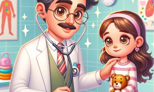O personagem principal, o doutor Pedro, é um homem na casa dos quarenta anos, com cabelos castanhos levemente ondulados e óculos redondos. Ele usa um jaleco branco brilhante e um estetoscópio ao redor do pescoço, exibindo um sorriso caloroso e tranquilizador. Ele está examinando uma menina chamada Ana, que tem cerca de 8 anos, com cabelos longos e castanhos e olhos brilhantes, sentada em uma mesa de exame. Ana, um pouco nervosa, olha para o doutor com curiosidade, segurando um pequeno urso de pelúcia nos braços. A cena ocorre em uma clínica iluminada e acolhedora, com paredes pintadas em cores pastel, cartazes educativos sobre saúde e brinquedos espalhados pelo chão. Um canto da sala é decorado com desenhos de crianças pendurados na parede, acrescentando um toque alegre ao ambiente. A situação principal mostra o doutor Pedro tranquilizando Ana, explicando suavemente que vai examiná-la para entender por que sua barriga dói, enquanto conta uma piada engraçada para relaxá-la.