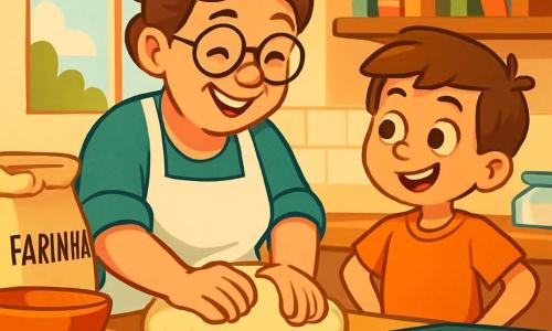 Uma mulher sorridente, Dona Clara, com cabelo castanho preso em um coque e um grande sorriso caloroso, está amassando uma massa de pão em uma cozinha iluminada. Ela usa um avental branco e óculos redondos, e seu rosto irradia alegria e concentração. Ao lado dela, um garoto de dez anos, Pedro, com cabelo castanho e olhos brilhantes, observa com admiração, com as mãos na cintura, pronto para aprender. A cozinha está cheia de sacos de farinha, potes de ingredientes coloridos e pães dourados saindo do forno, criando uma atmosfera acolhedora e apetitosa. A luz da manhã entra pela janela, iluminando as prateleiras de madeira carregadas de livros de receitas. Dona Clara e Pedro conversam alegremente sobre os diferentes tipos de pães que poderiam criar juntos, cercados por um doce aroma de pão quente que preenche o ar.