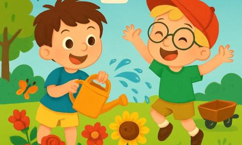 There are two main characters: Noah, a 6-year-old boy with messy brown hair and sparkling eyes, wearing a blue t-shirt and yellow shorts, holding a plastic watering can and smiling joyfully; and Max, a 5-year-old boy with blonde hair and round glasses, wearing a red cap and green t-shirt, jumping on the grass, ready to water the flowers. The setting is a sunny garden filled with colorful flowers: red roses, yellow sunflowers, and white daisies, under a blue sky with fluffy clouds and butterflies flying around. The grass is green and well-mowed, with a small wooden wheelbarrow beside the boys. The main scene shows Noah and Max happily watering the flowers, splashing some water around while birds sing in the trees.