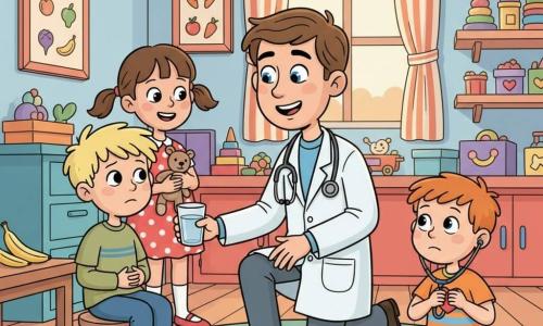 A kind smiling male doctor with short brown hair and bright blue eyes, wearing a clean white coat and a silver stethoscope, kneels and offers a glass of water to a worried pale 7-year-old boy (Max) with tousled blond hair sitting on a small stool, while a 6-year-old girl (Lily) with brown pigtails and a polka-dot dress stands behind him holding a stuffed toy and smiling, and a 5-year-old redheaded boy (Timmy) sits on the floor mimicking a heartbeat with a toy stethoscope; the small clinic is warm and colorful with pale blue and peach walls, fruit-and-vegetable posters, a round green rug, toy-filled shelves, and soft light from a striped-curtain window, creating a tender, reassuring scene after too many sweets with gentle gestures, a glass of water and a banana on a small table.