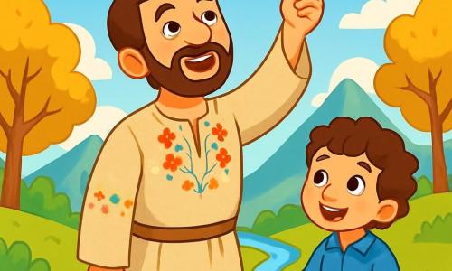 A man named Tahsin, with gentle eyes and a warm smile, stands on a verdant hill, his face radiating emotion and determination. He wears a simple beige linen tunic adorned with colorful floral embroidery. In his hand, he holds a shiny ring that sparkles in the sun as he gazes at the sky with hope. Nearby, a young boy of about eight, with curly hair and sparkling eyes, admires Tahsin. He wears a blue shirt and canvas pants, holding a handful of seeds in his small hands, ready to plant them. The setting is an enchanted valley surrounded by majestic mountains, with trees having golden leaves dancing in the wind. A bright blue sky is dotted with fluffy white clouds, and a sparkling stream winds through the landscape, adding a touch of magic. The main scene shows Tahsin raising the ring to the sky, ready to unleash the song of the winds, while the enthusiastic boy prepares to plant the seeds, symbolizing hope and renewal.